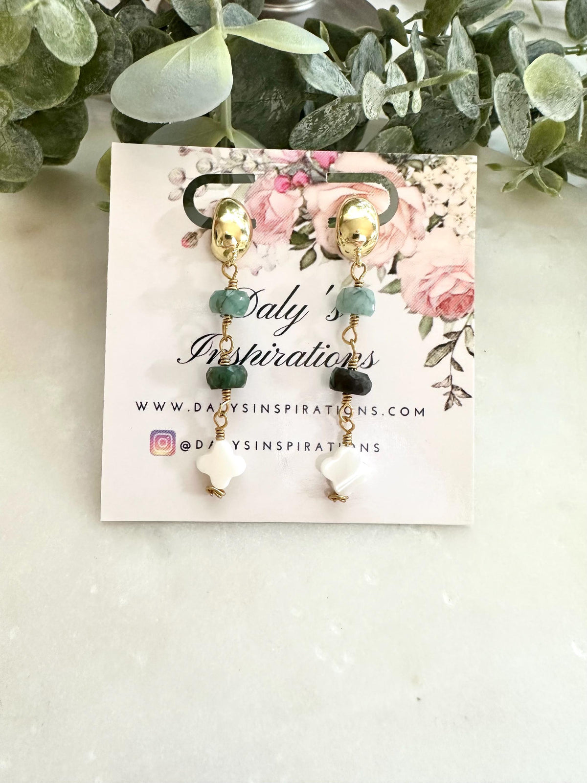 Raw Emerald Earrings, Mother of Pearl Clover Earrings, Gold Filled Dangle Earrings, Emerald Jewelry