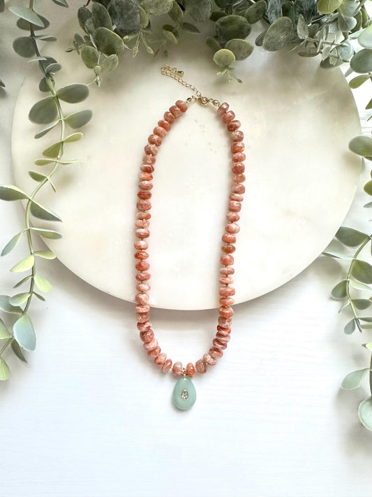 Sunstone Necklace with Jade Pendant, Peach Gemstone Necklace, Green Jade Necklace, Gemstone Necklace, Sunstone Jewelry