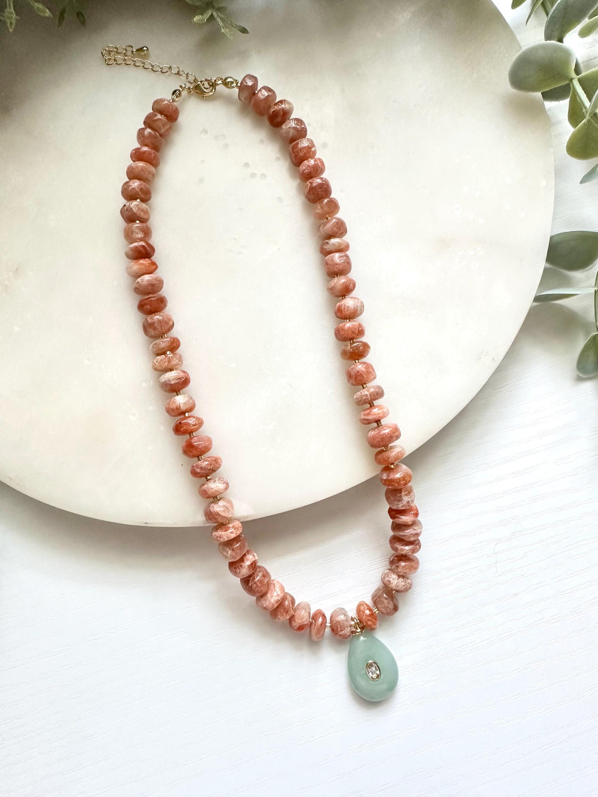 Sunstone Necklace with Jade Pendant, Peach Gemstone Necklace, Green Jade Necklace, Gemstone Necklace, Sunstone Jewelry