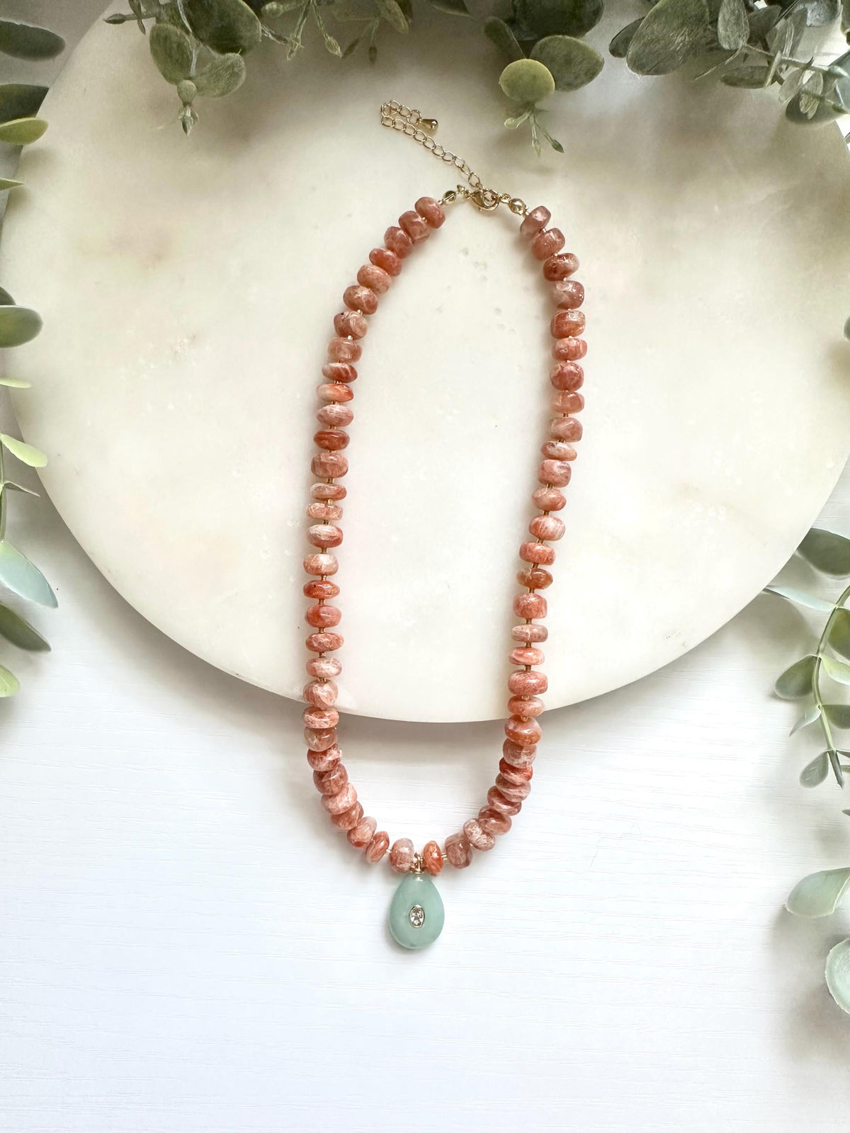Sunstone Necklace with Jade Pendant, Peach Gemstone Necklace, Green Jade Necklace, Gemstone Necklace, Sunstone Jewelry