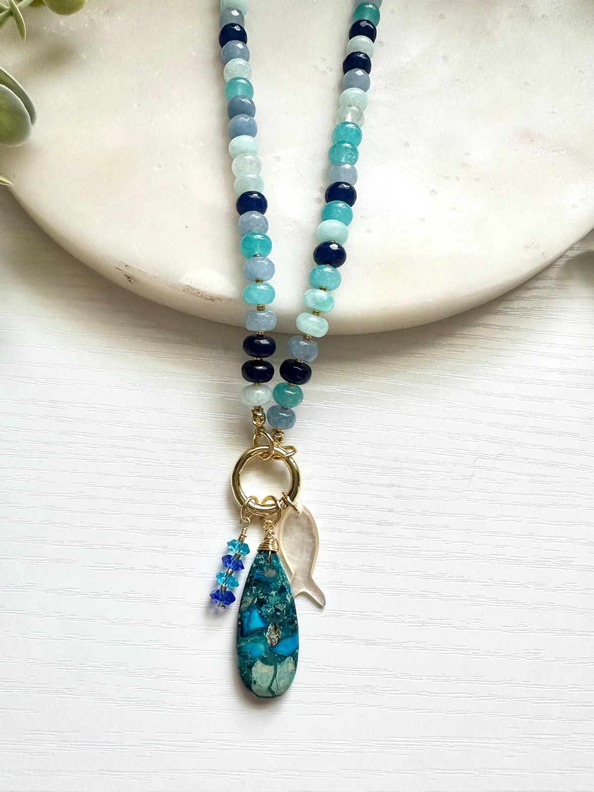 Blue Jade Statement Necklace, Jasper Shell Fish Charms, Coastal Jewelry