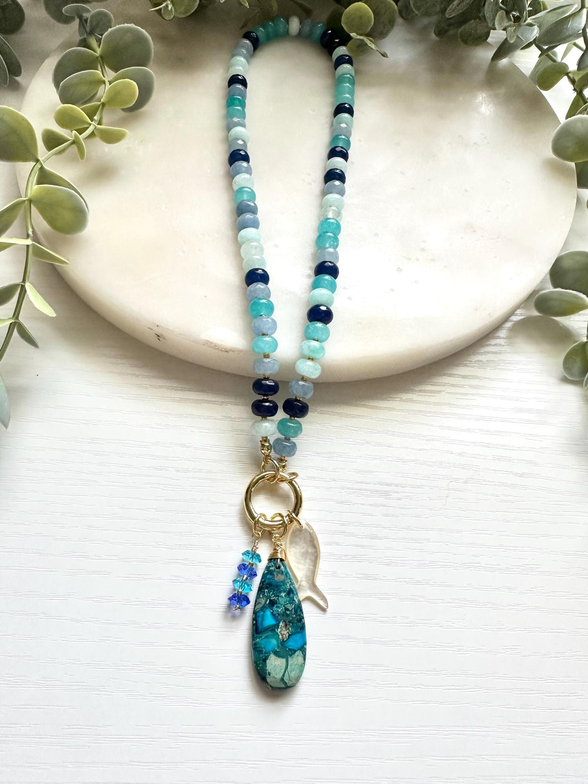 Blue Jade Statement Necklace, Jasper Shell Fish Charms, Coastal Jewelry