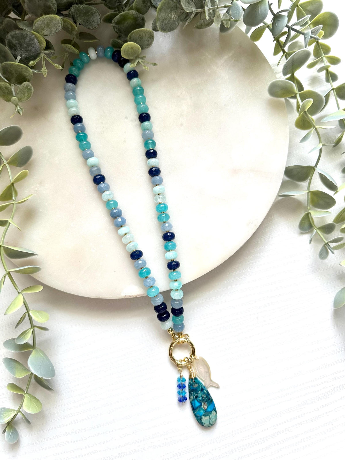 Blue Jade Statement Necklace, Jasper Shell Fish Charms, Coastal Jewelry