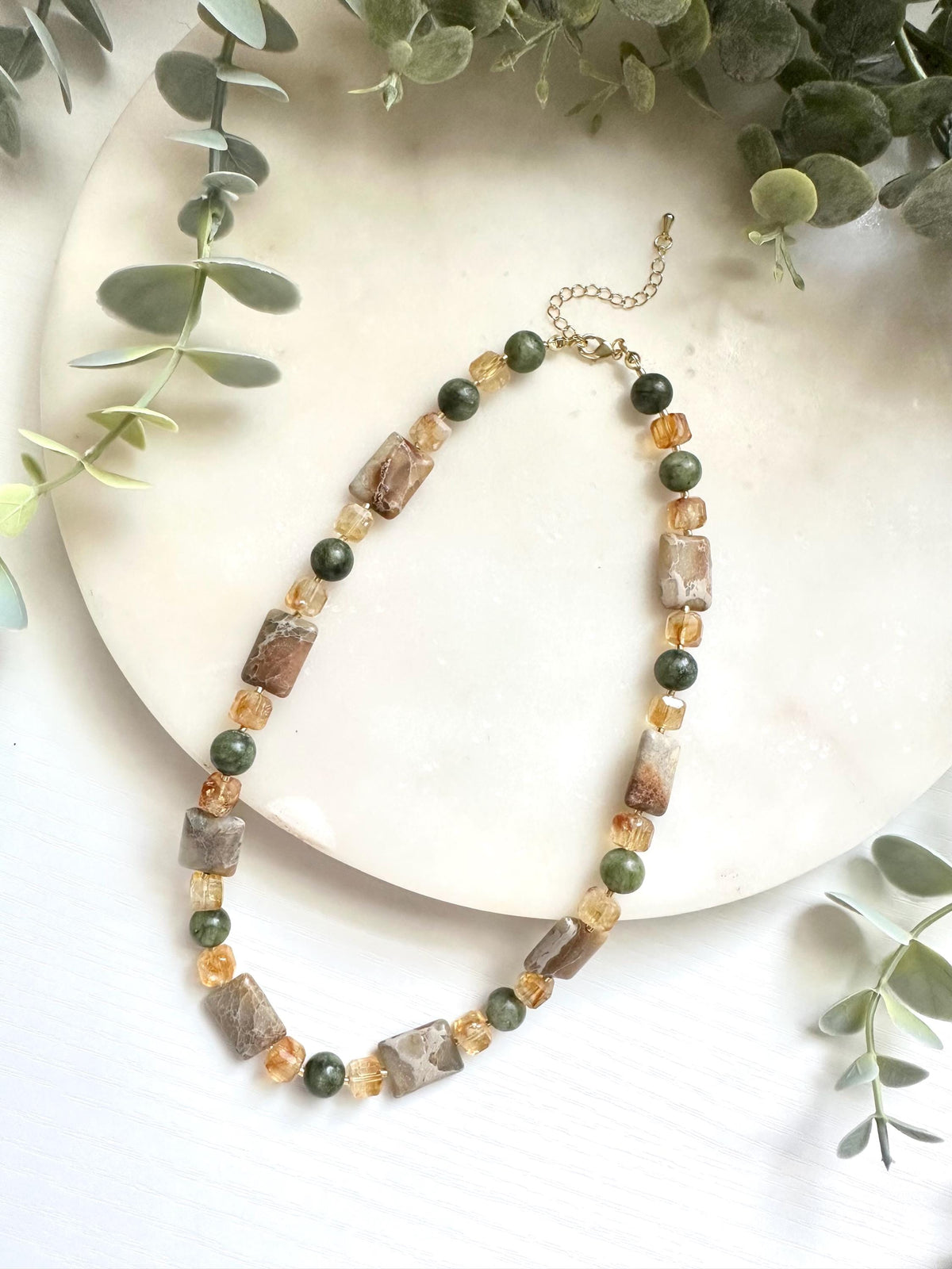 Citrine, Green Jade & Jasper Necklace, Earth Tone Gemstone Necklace, Natural Citrine Necklace, Green Jade Jewelry