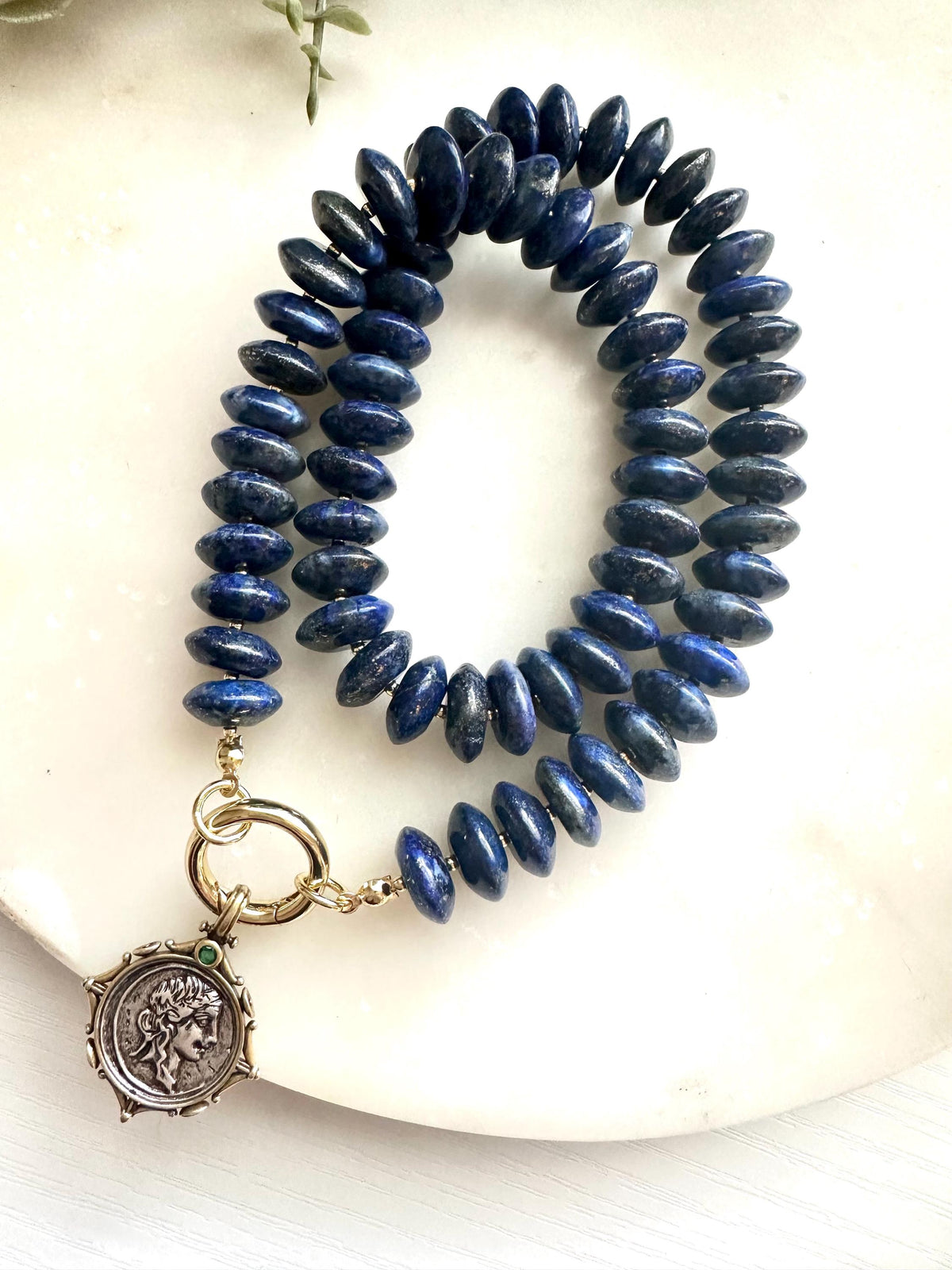 Lapis Lazuli Coin Charm Necklace, Statement Blue Gemstone Necklace, Lapis Rondelle Necklace, Coin Pendant Necklace, Handmade Jewelry