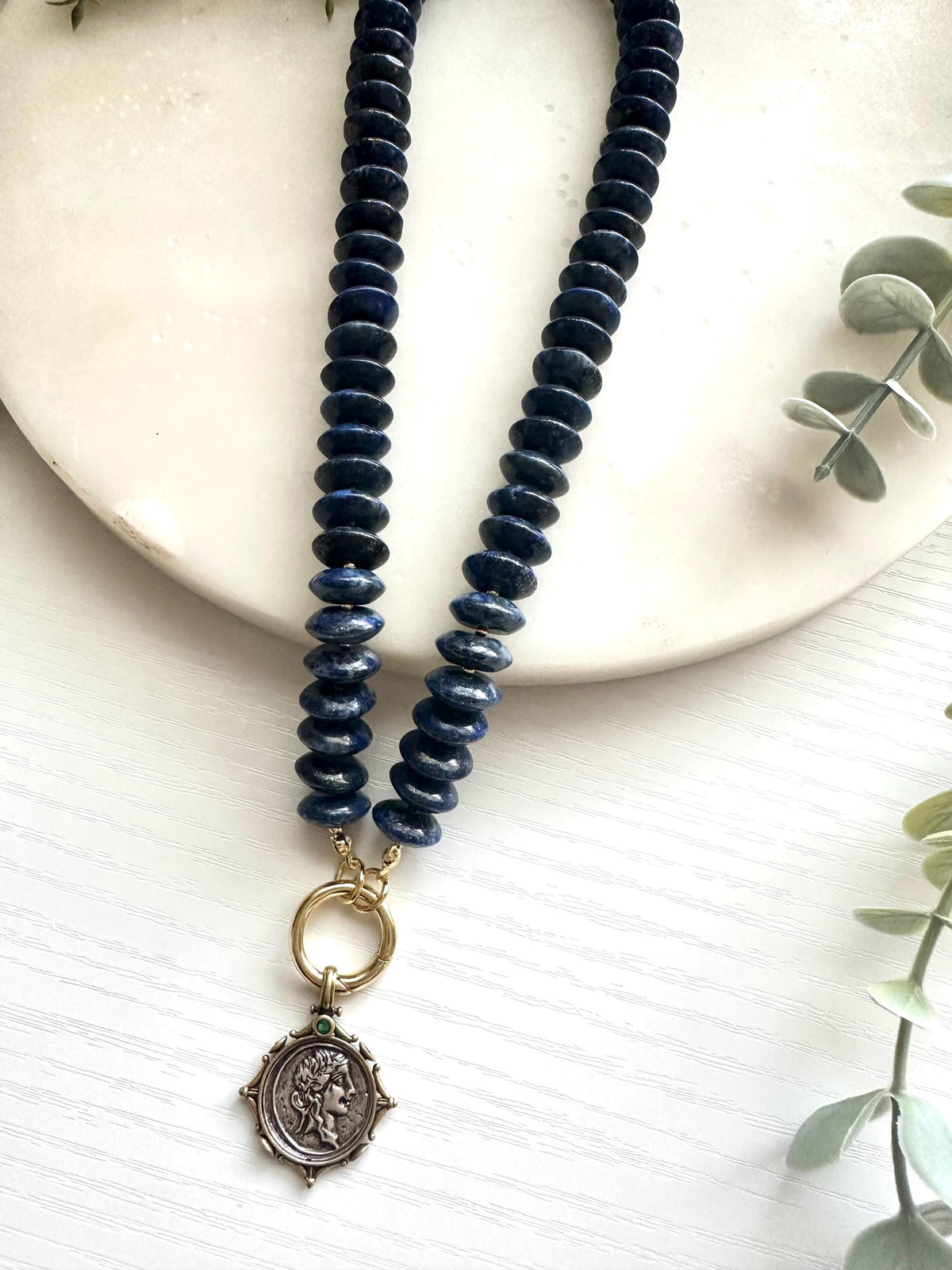 Lapis Lazuli Coin Charm Necklace, Statement Blue Gemstone Necklace, Lapis Rondelle Necklace, Coin Pendant Necklace, Handmade Jewelry