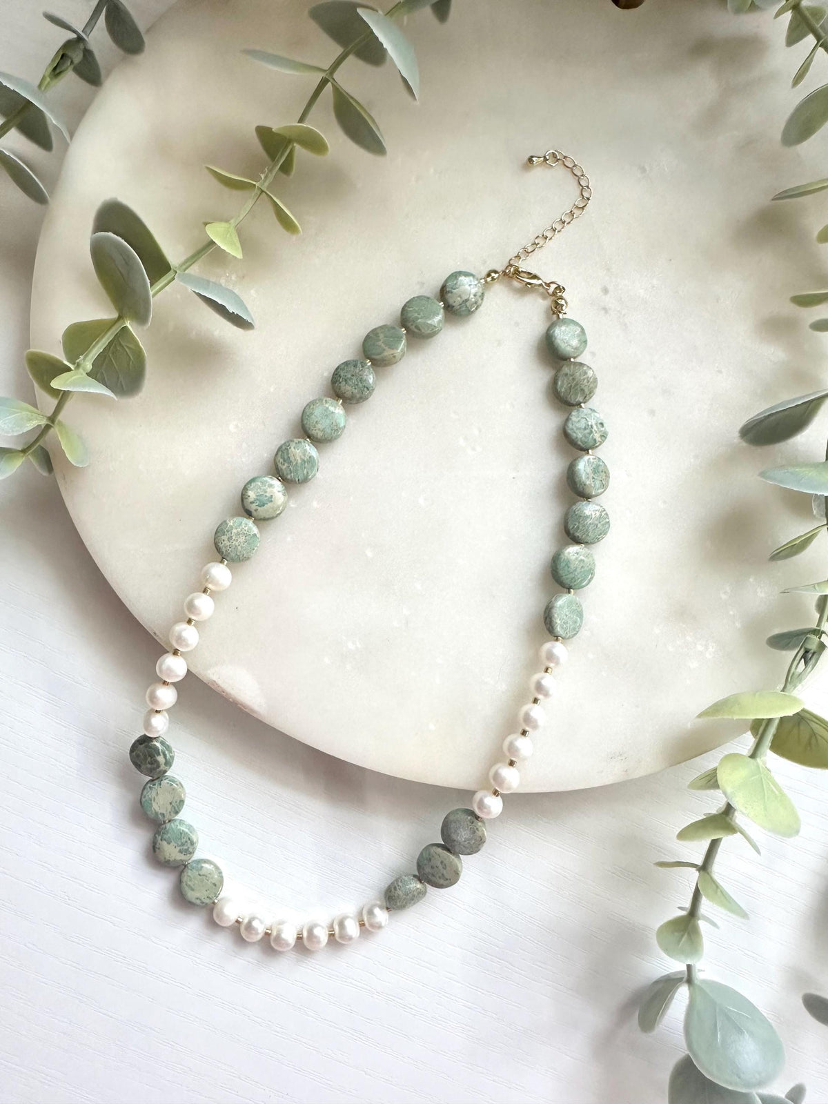 Aqua Terra Jasper and Pearl Necklace, Freshwater Pearl Necklace, Gemstone Necklace, Seafoam Green Necklace