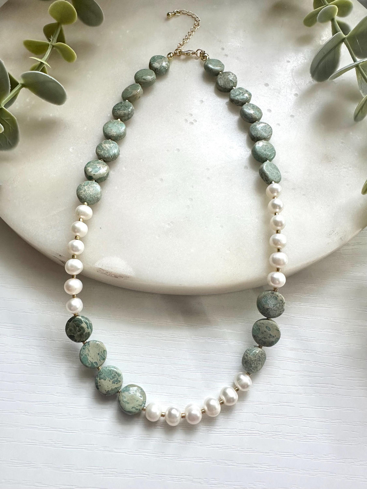 Aqua Terra Jasper and Pearl Necklace, Freshwater Pearl Necklace, Gemstone Necklace, Seafoam Green Necklace