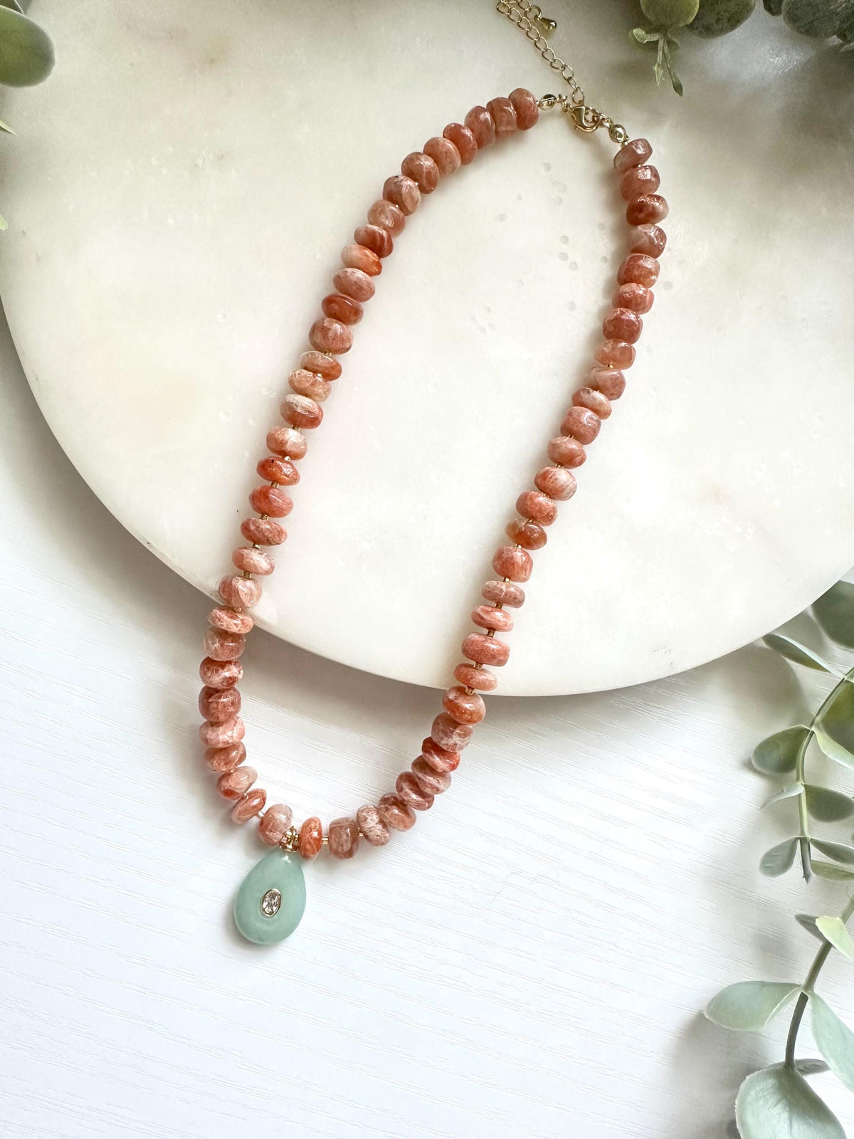Sunstone Necklace with Jade Pendant, Peach Gemstone Necklace, Green Jade Necklace, Gemstone Necklace, Sunstone Jewelry