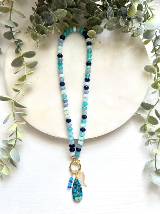 Blue Jade Statement Necklace, Jasper Shell Fish Charms, Coastal Jewelry