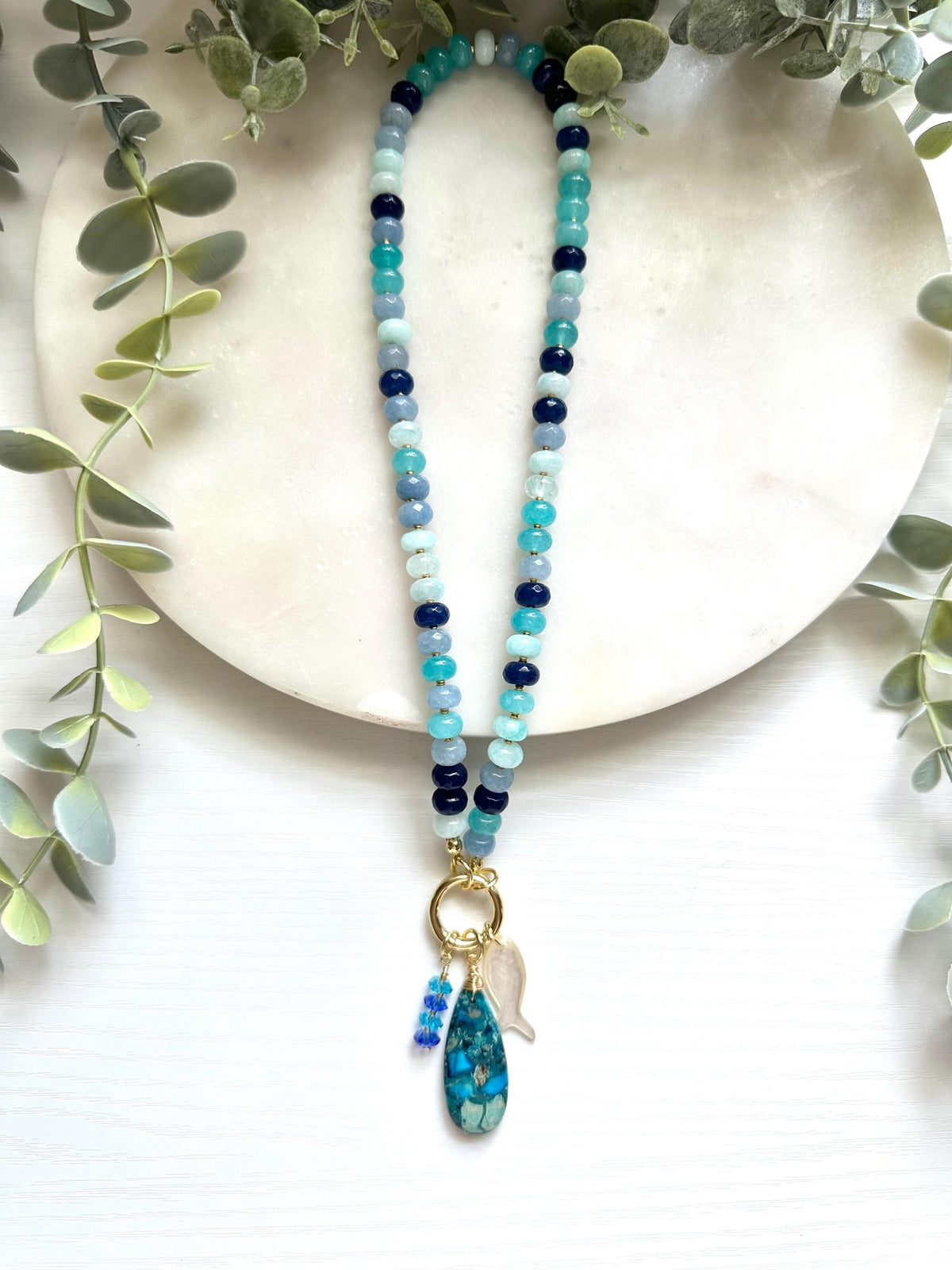Blue Jade Statement Necklace, Jasper Shell Fish Charms, Coastal Jewelry
