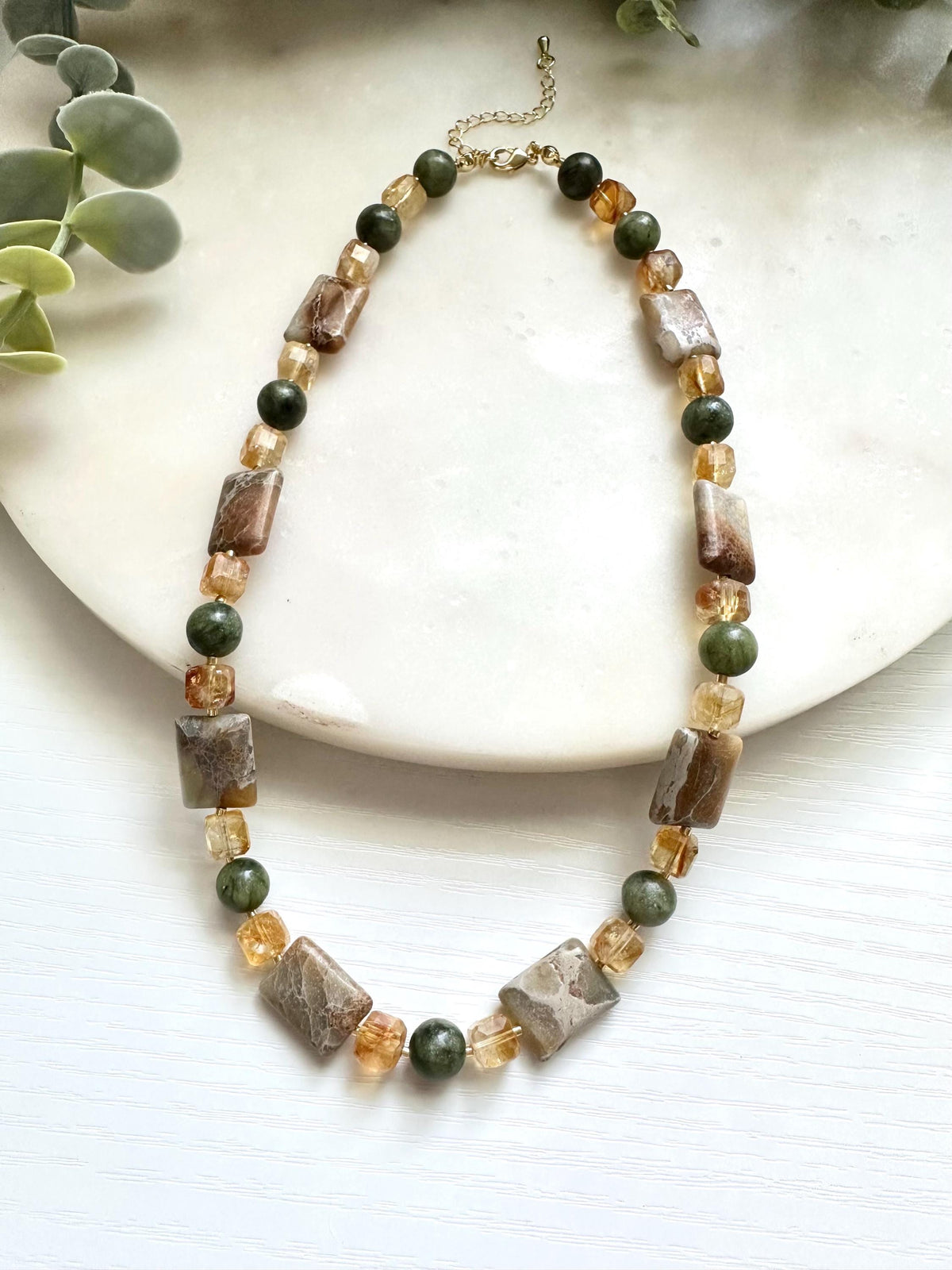 Citrine, Green Jade & Jasper Necklace, Earth Tone Gemstone Necklace, Natural Citrine Necklace, Green Jade Jewelry