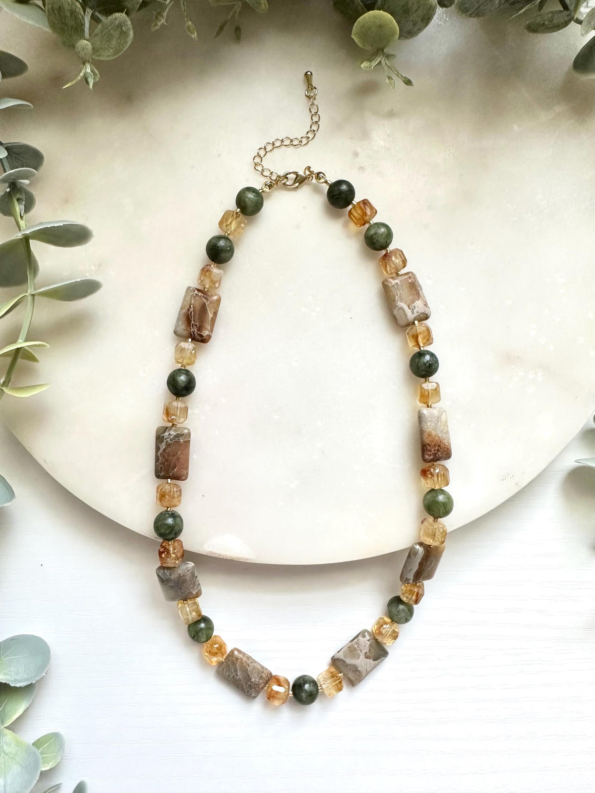 Citrine, Green Jade & Jasper Necklace, Earth Tone Gemstone Necklace, Natural Citrine Necklace, Green Jade Jewelry