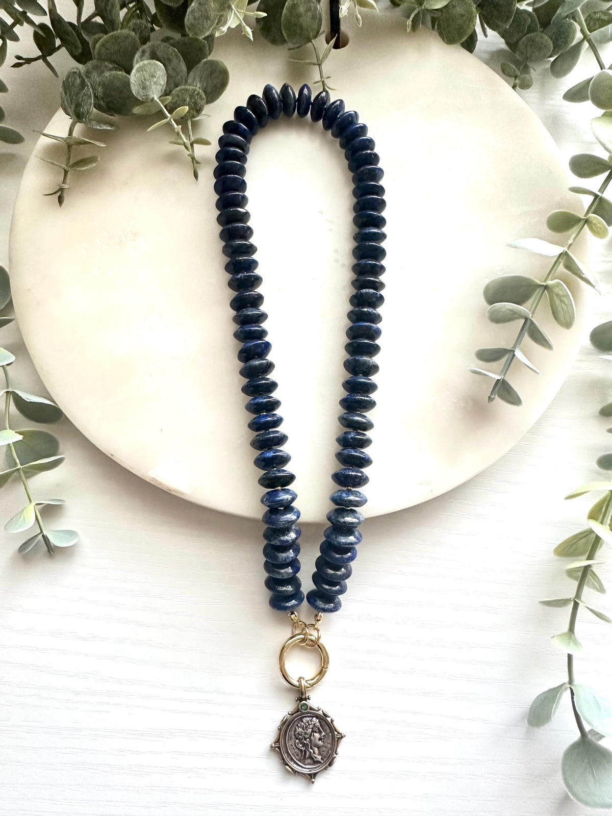 Lapis Lazuli Coin Charm Necklace, Statement Blue Gemstone Necklace, Lapis Rondelle Necklace, Coin Pendant Necklace, Handmade Jewelry
