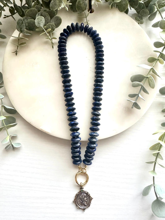Lapis Lazuli Coin Charm Necklace, Statement Blue Gemstone Necklace, Lapis Rondelle Necklace, Coin Pendant Necklace, Handmade Jewelry