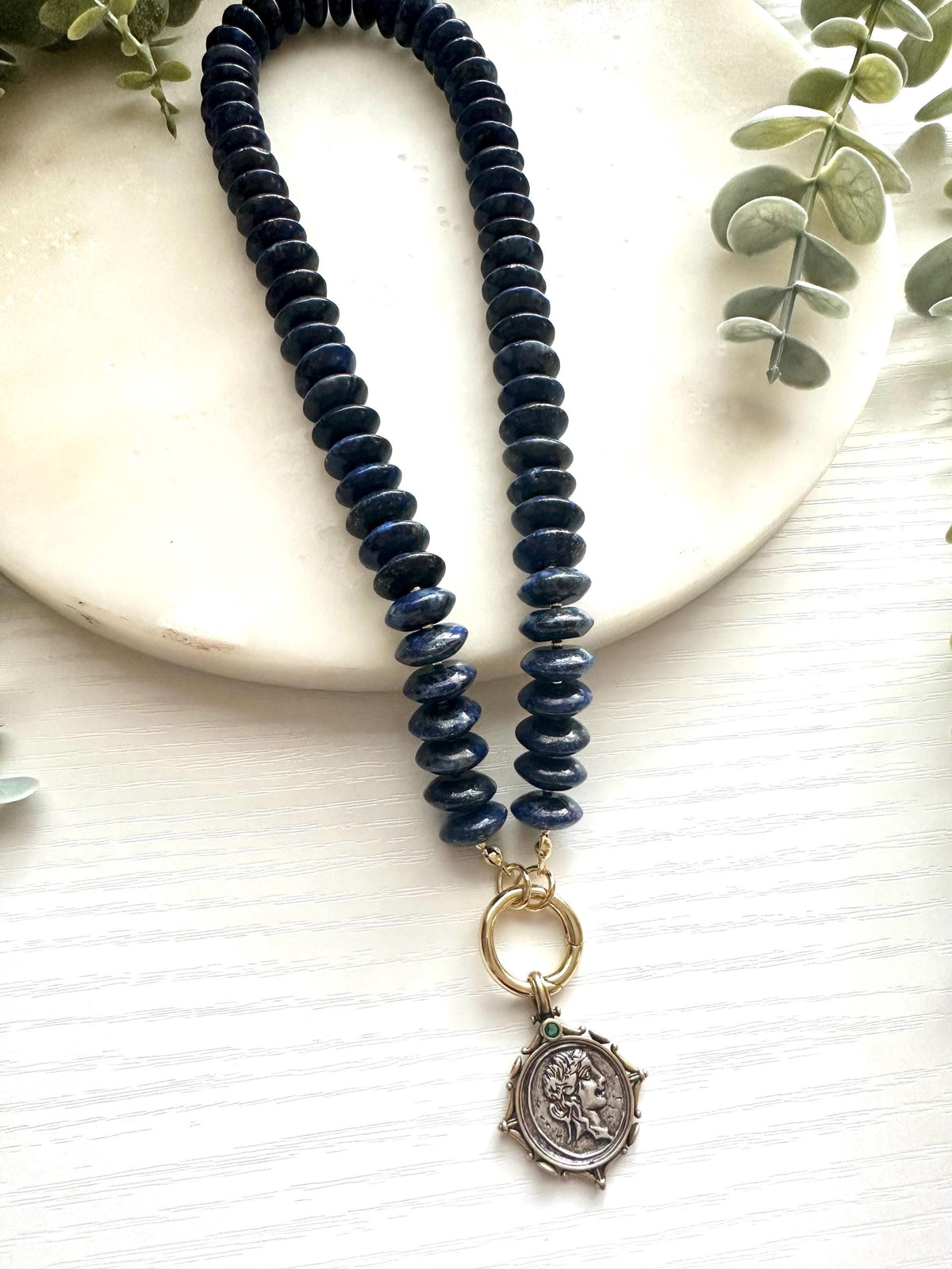 Lapis Lazuli Coin Charm Necklace, Statement Blue Gemstone Necklace, Lapis Rondelle Necklace, Coin Pendant Necklace, Handmade Jewelry
