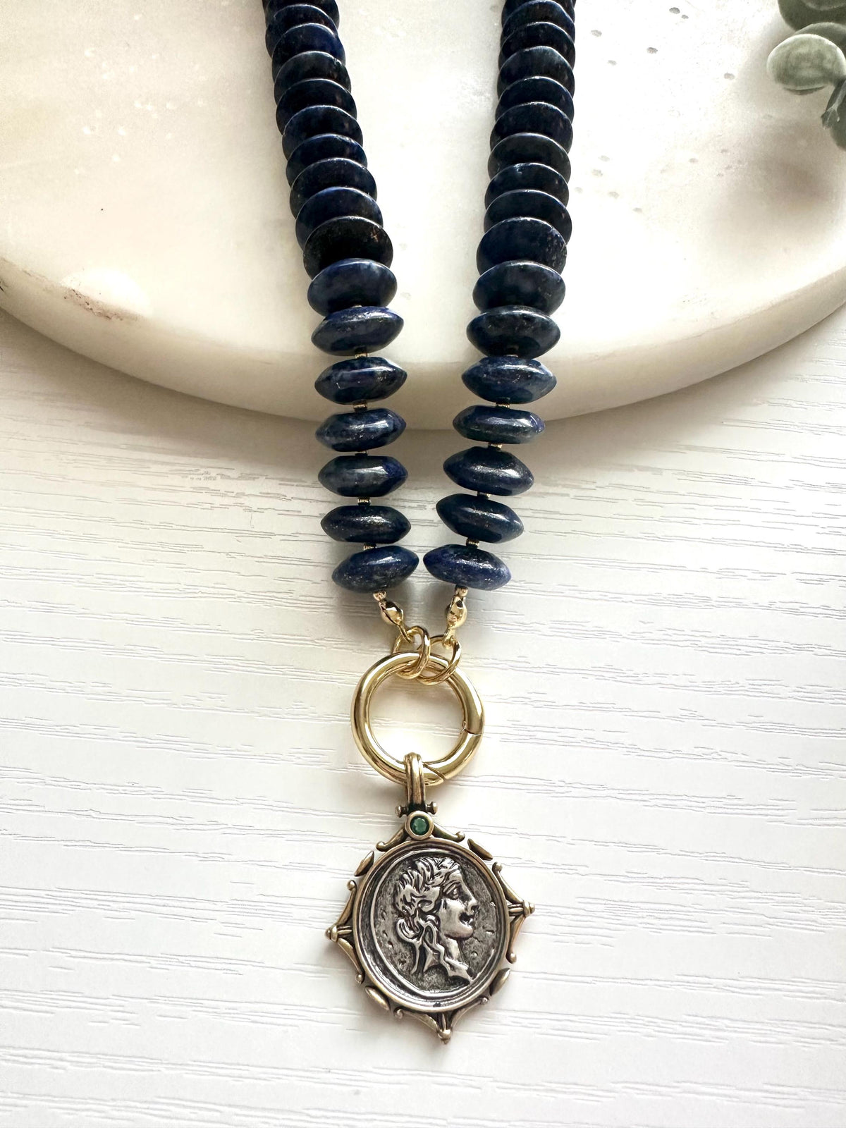 Lapis Lazuli Coin Charm Necklace, Statement Blue Gemstone Necklace, Lapis Rondelle Necklace, Coin Pendant Necklace, Handmade Jewelry