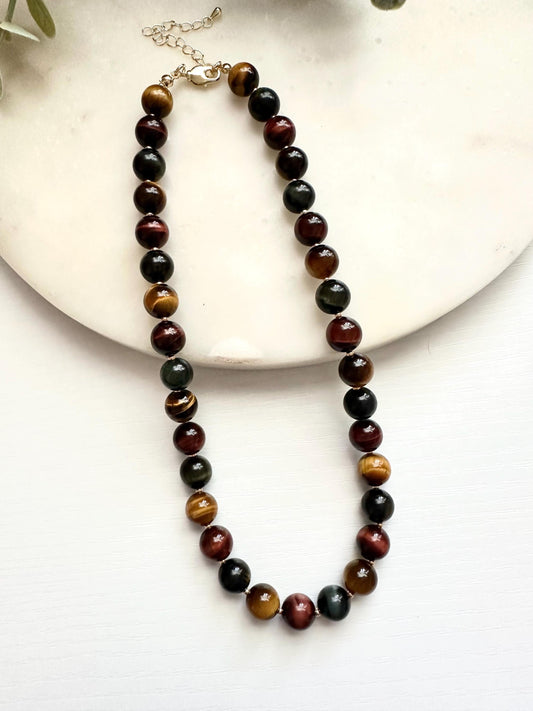 Blue Red Gold Tiger Eye Necklace 10mm, Chunky Neutral Beaded Necklace, Earthy Statement Jewelry, Gold Filled Clasp
