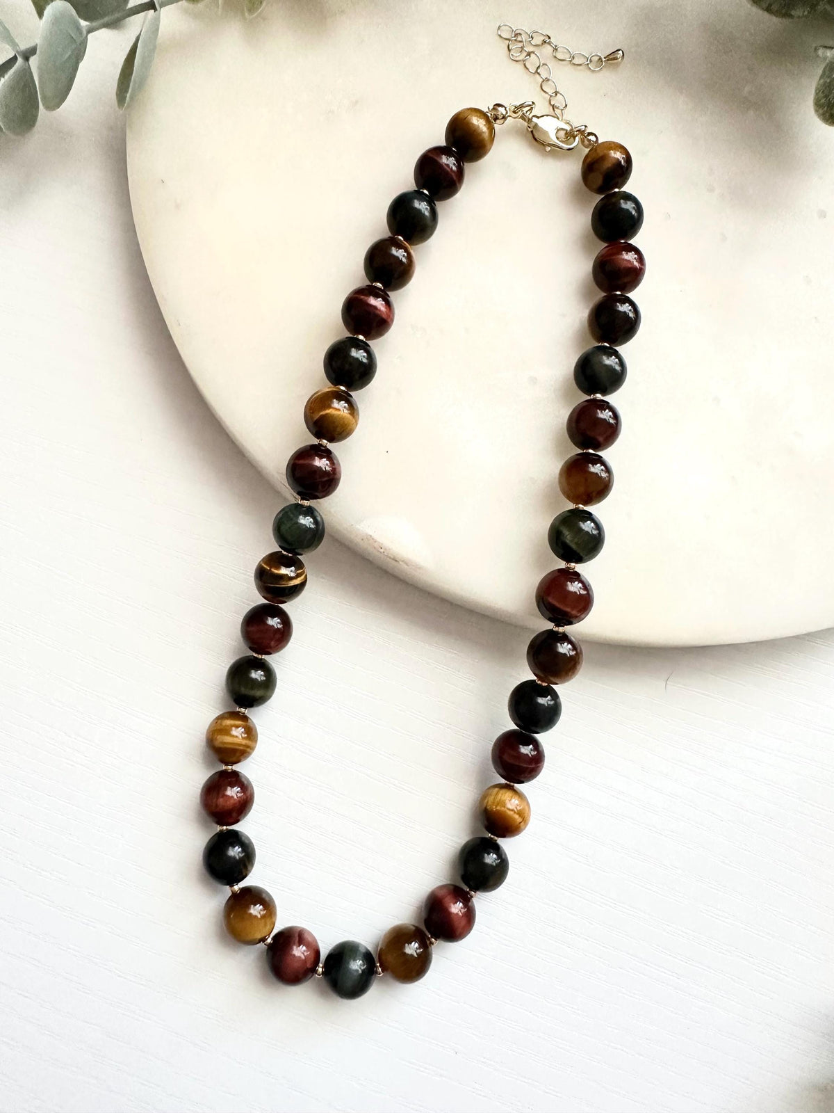 Blue Red Gold Tiger Eye Necklace 10mm, Chunky Neutral Beaded Necklace, Earthy Statement Jewelry, Gold Filled Clasp