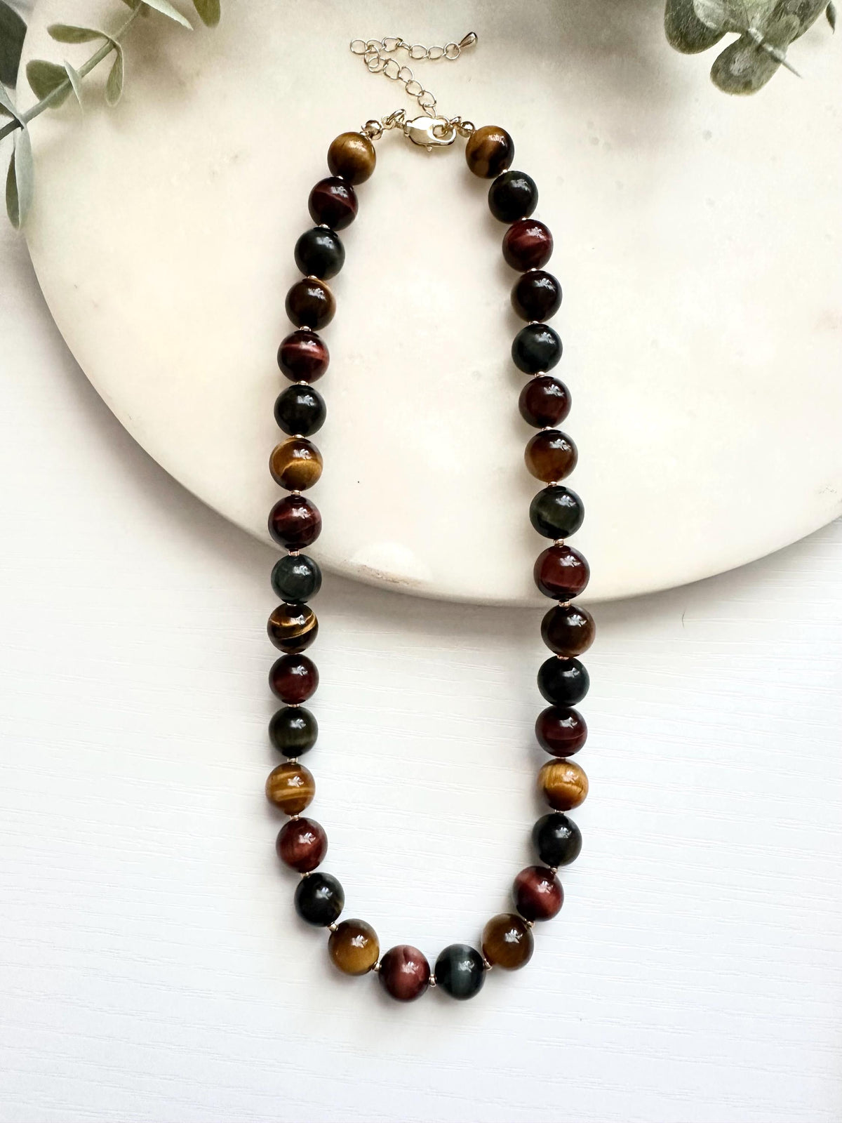 Blue Red Gold Tiger Eye Necklace 10mm, Chunky Neutral Beaded Necklace, Earthy Statement Jewelry, Gold Filled Clasp