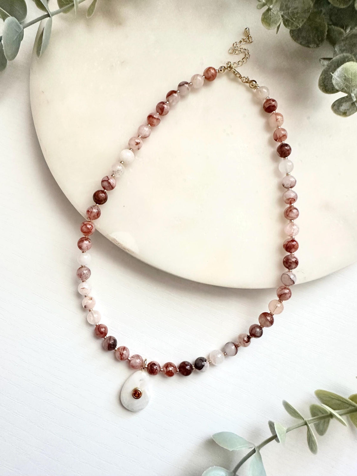 Fire Quartz Necklace with White Moonstone Pendant | Gold Filled Gemstone Necklace