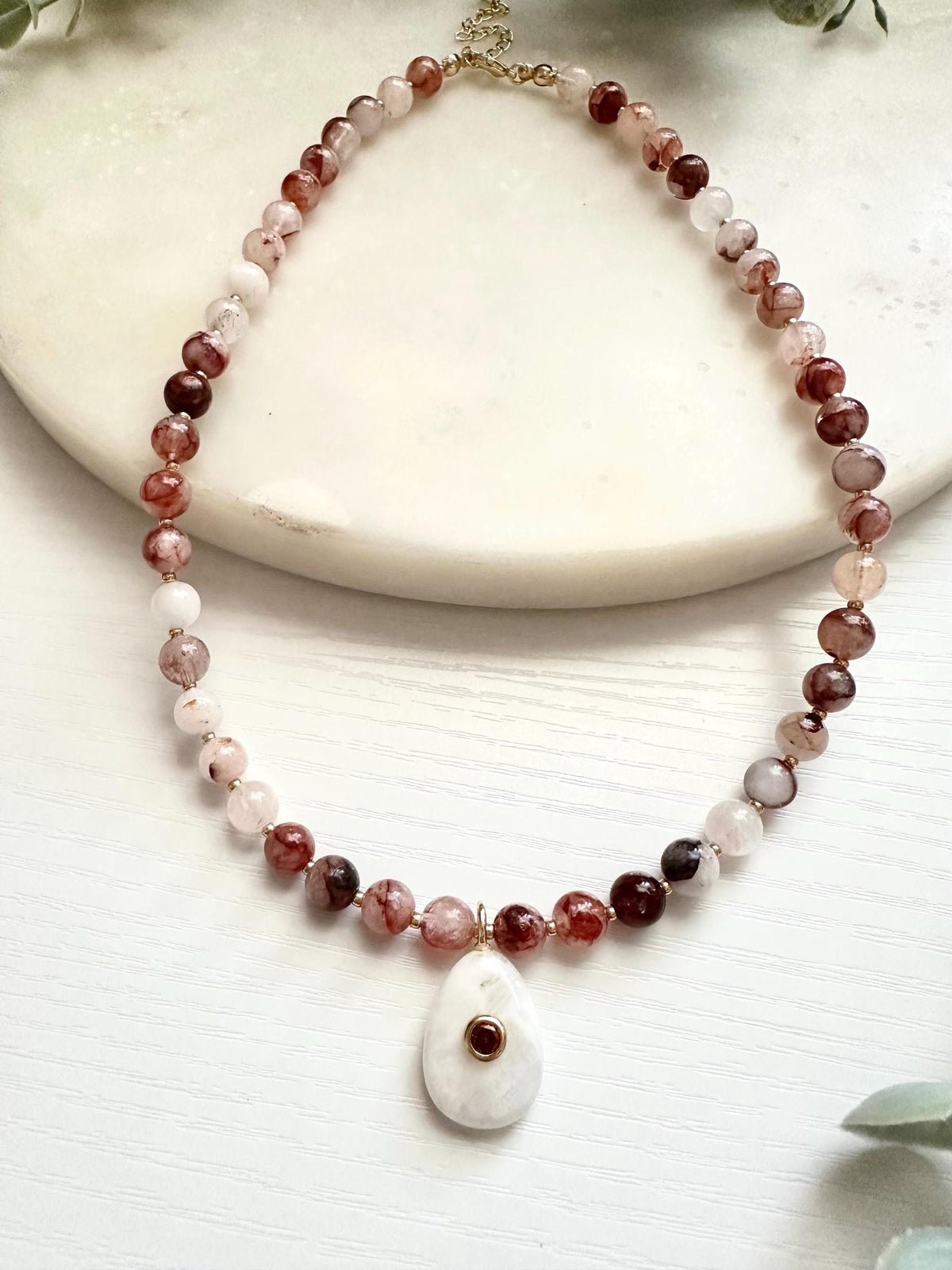 Fire Quartz Necklace with White Moonstone Pendant | Gold Filled Gemstone Necklace