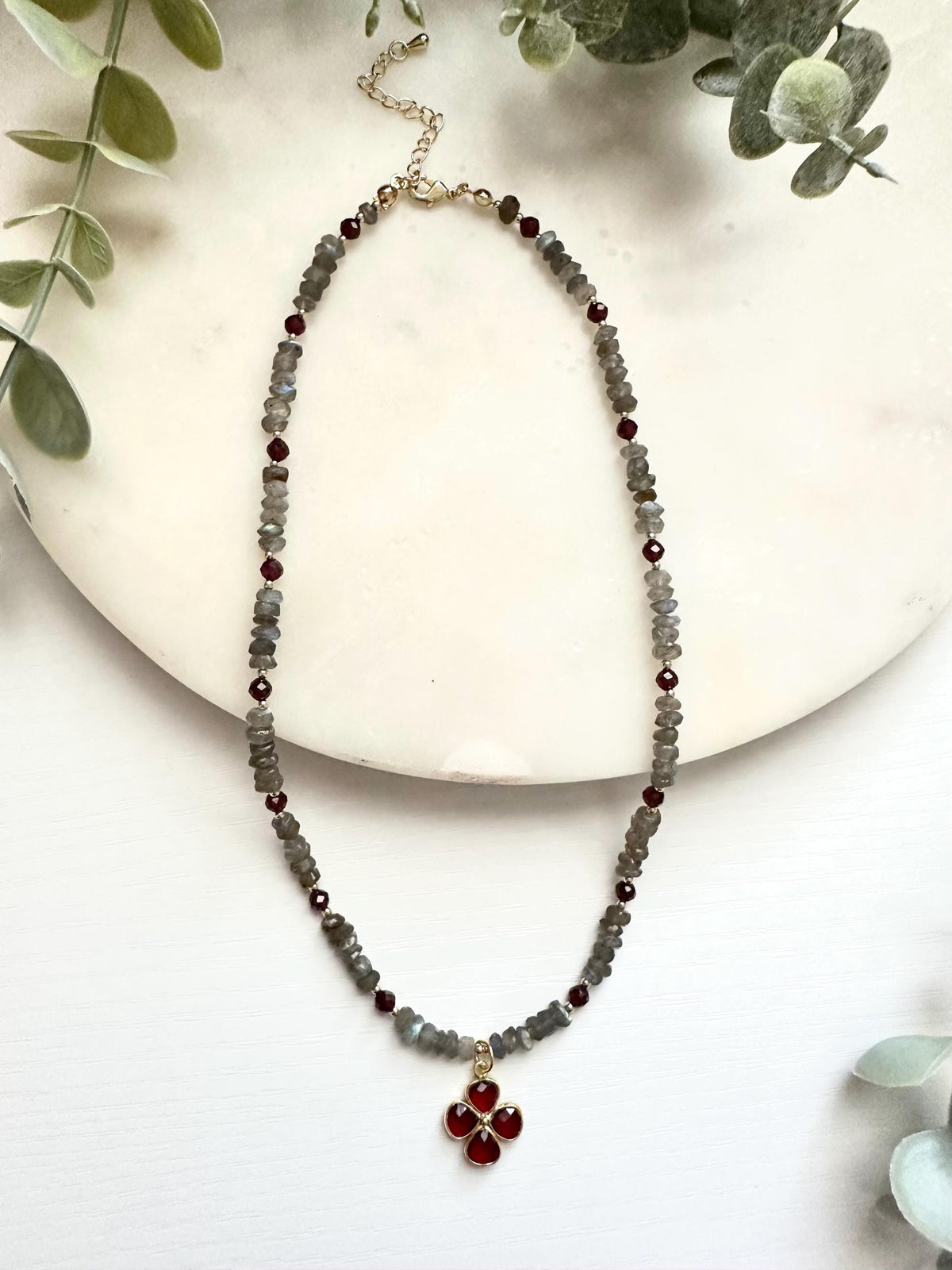 Labradorite & Garnet Necklace with Garnet Clover Pendant | Gold Filled Gemstone Necklace