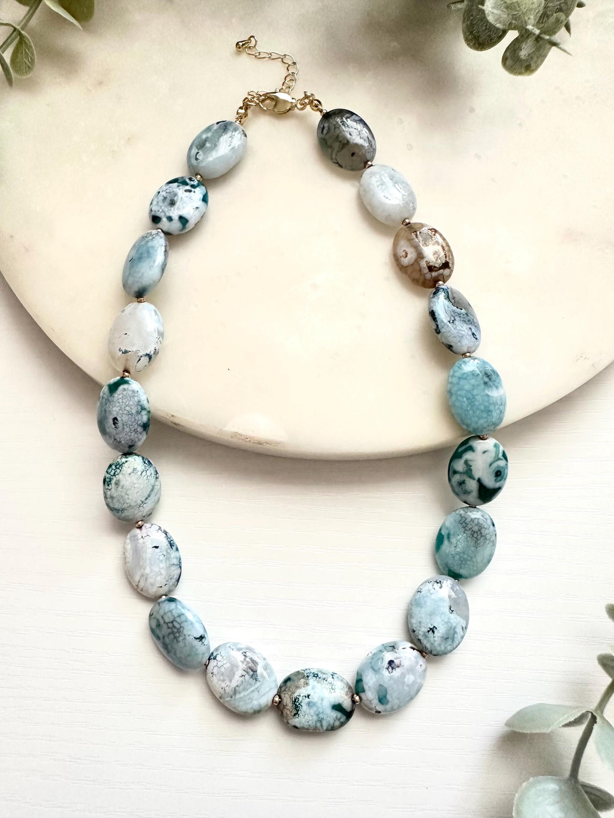 Blue Dragon Vein Agate Necklace | 20mm Statement Gemstone Necklace | Gold Filled Jewelry