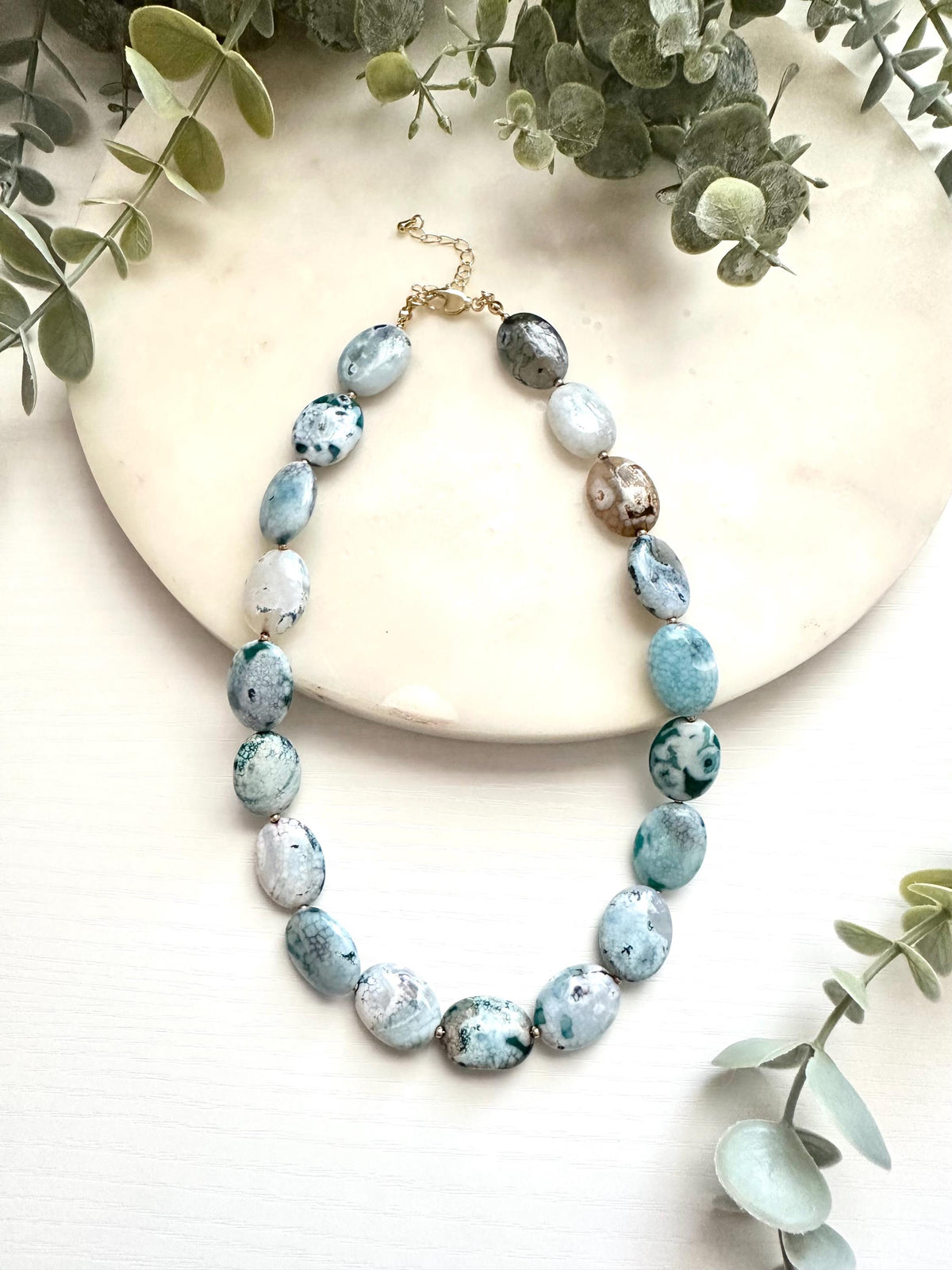 Blue Dragon Vein Agate Necklace | 20mm Statement Gemstone Necklace | Gold Filled Jewelry