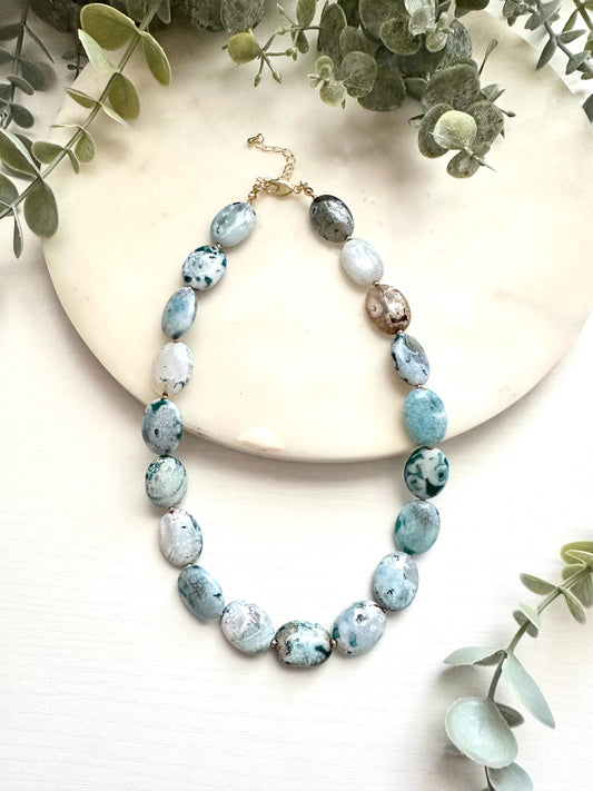 Blue Dragon Vein Agate Necklace | 20mm Statement Gemstone Necklace | Gold Filled Jewelry