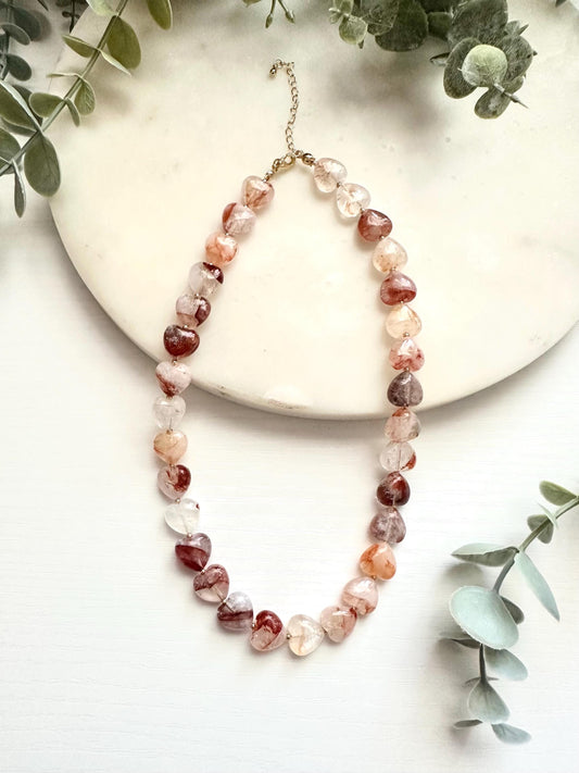 Fire Quartz Heart Necklace | 12mm Gemstone Hearts | Gold Filled Beaded Necklace