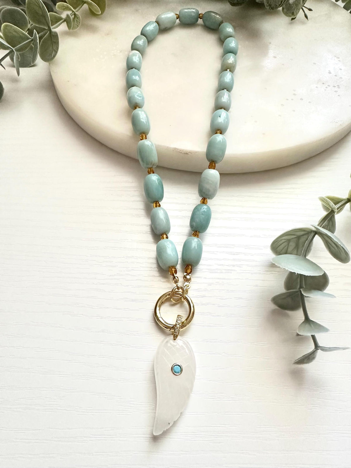 Amazonite Necklace with White Quartz Wing Pendant | Gold Filled Gemstone Statement Necklace