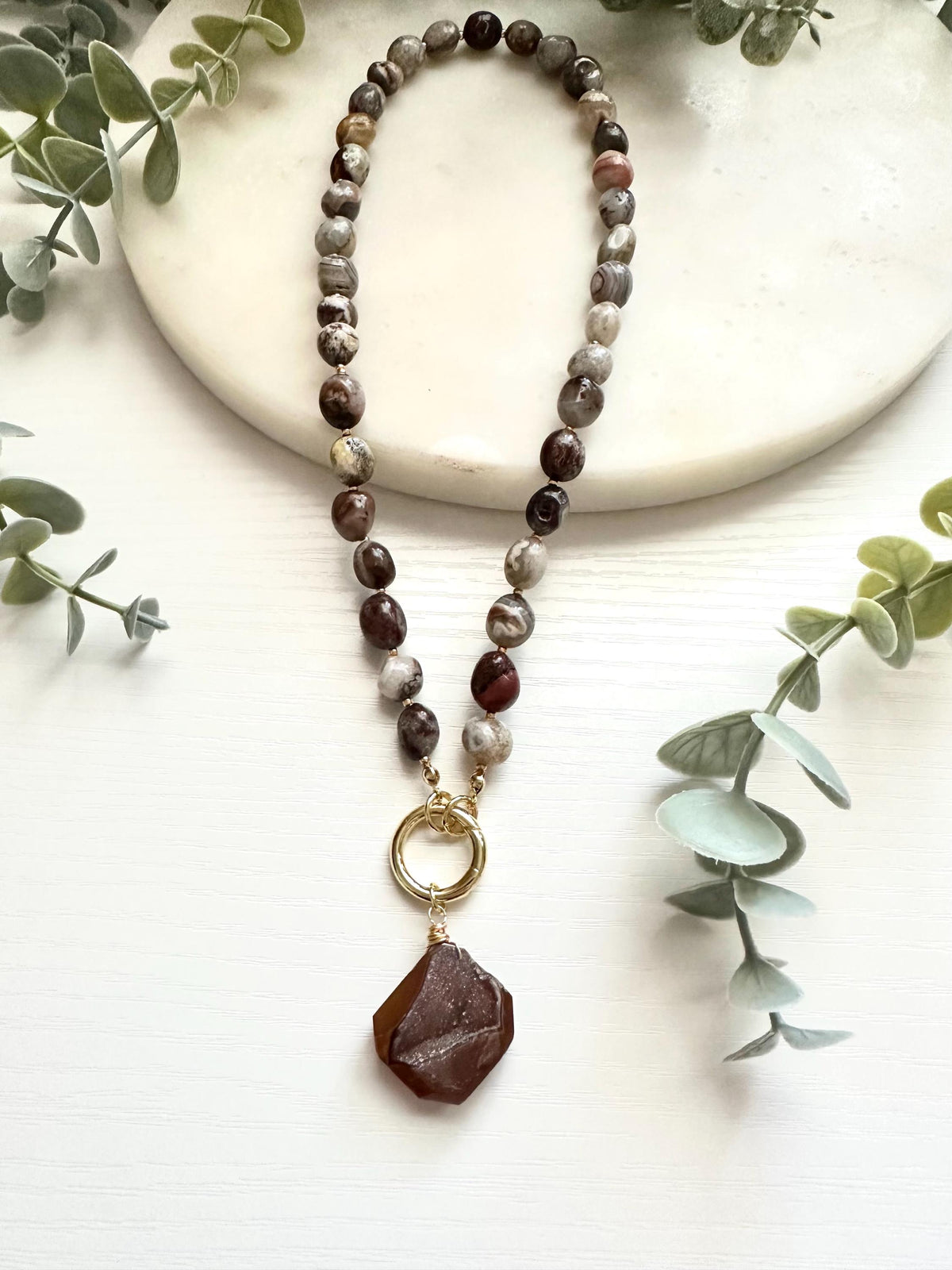 Mexican Crazy Lace Agate Necklace with Druzy Pendant | Gold Filled Gemstone Necklace