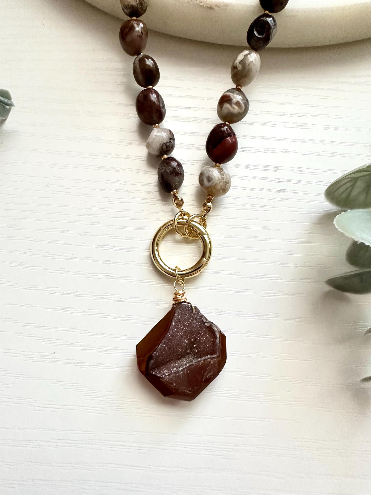Mexican Crazy Lace Agate Necklace with Druzy Pendant | Gold Filled Gemstone Necklace