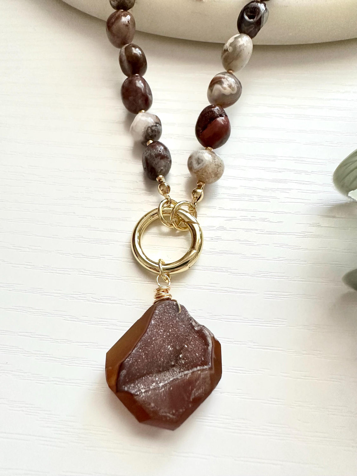 Mexican Crazy Lace Agate Necklace with Druzy Pendant | Gold Filled Gemstone Necklace