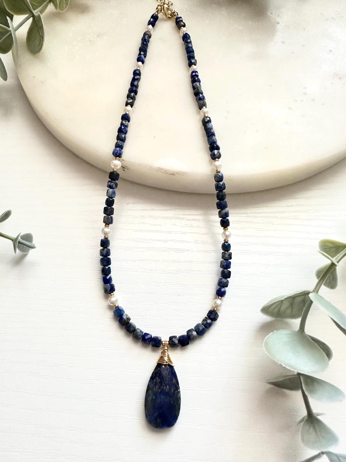 Lapis Lazuli & Freshwater Pearl Necklace with Teardrop Pendant | Gold Filled Gemstone Necklace