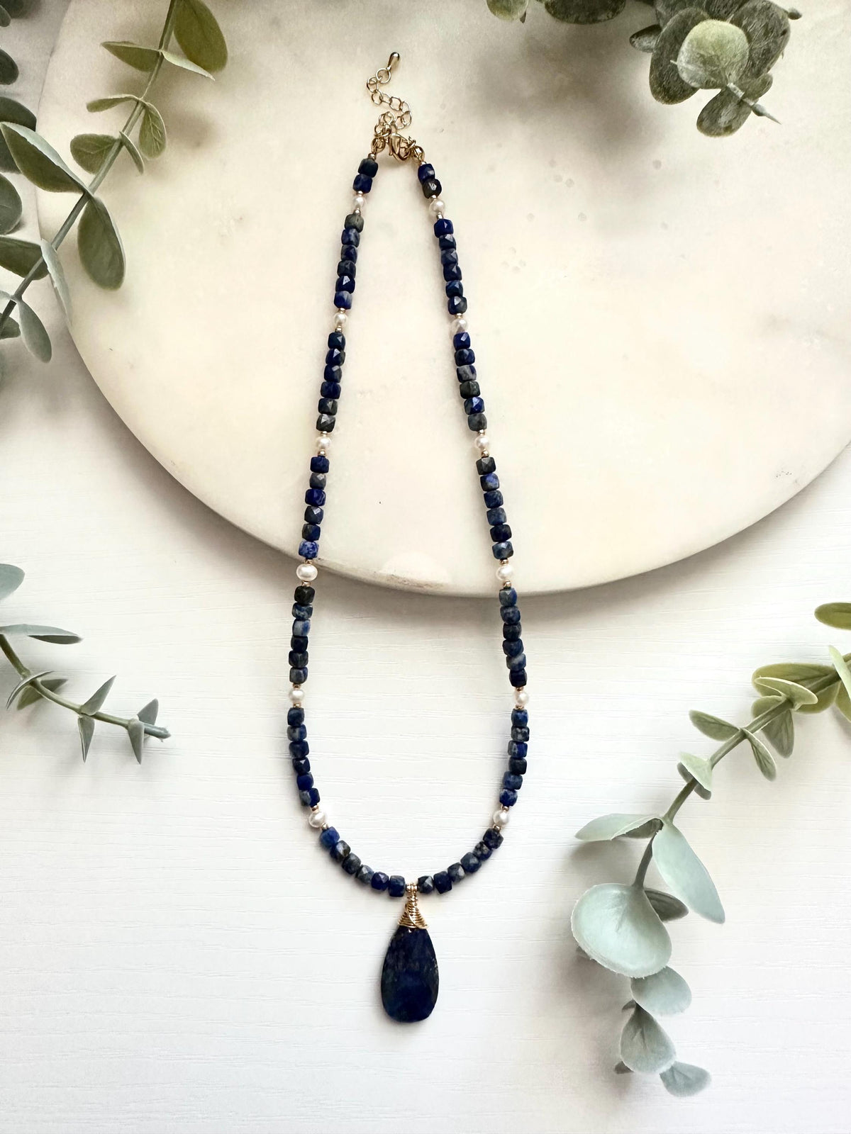 Lapis Lazuli & Freshwater Pearl Necklace with Teardrop Pendant | Gold Filled Gemstone Necklace