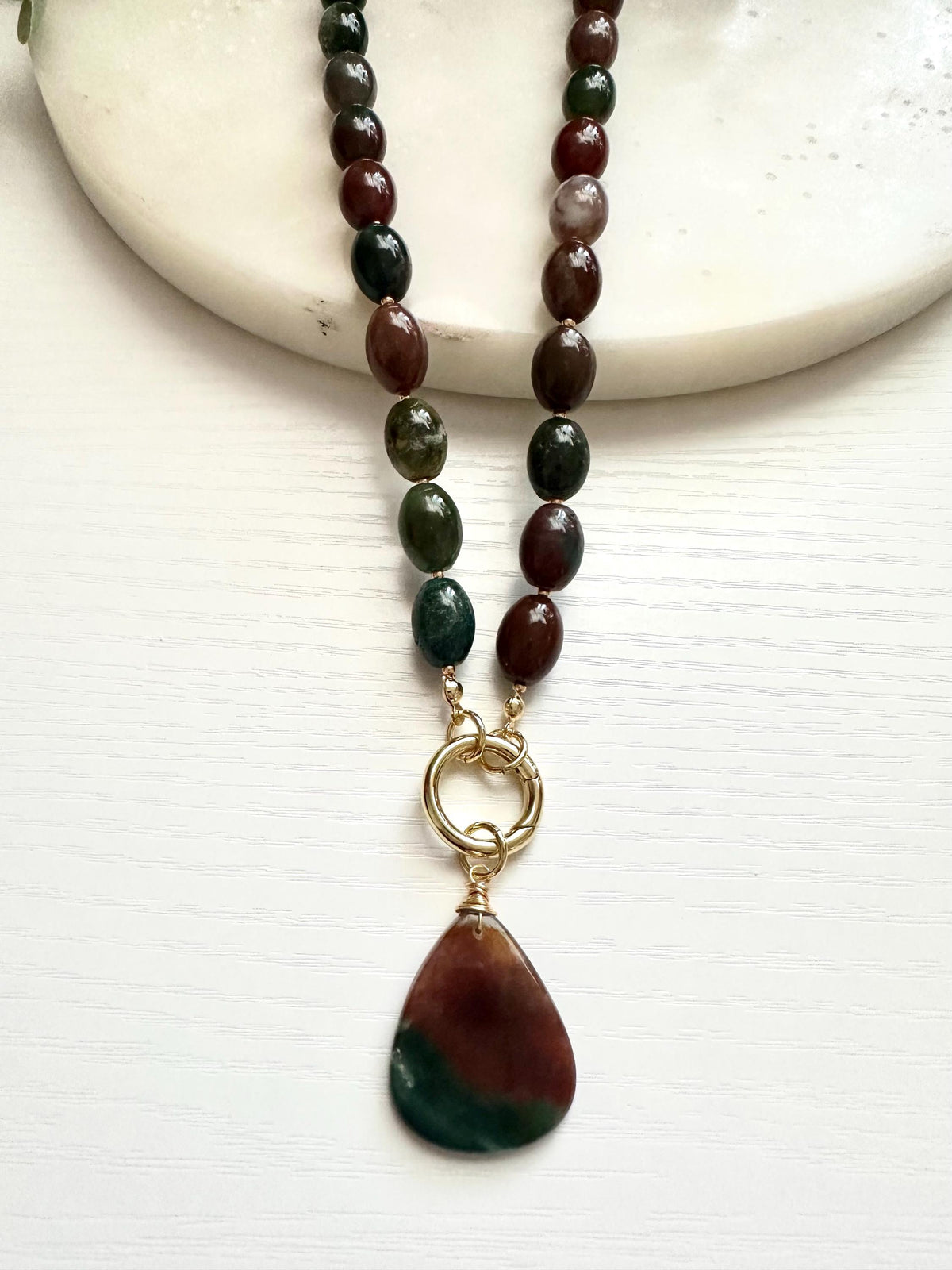 Indian Agate Necklace with Moss Agate Pendant | Gold Filled Carabiner Gemstone Necklace