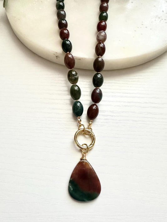 Indian Agate Necklace with Moss Agate Pendant | Gold Filled Carabiner Gemstone Necklace