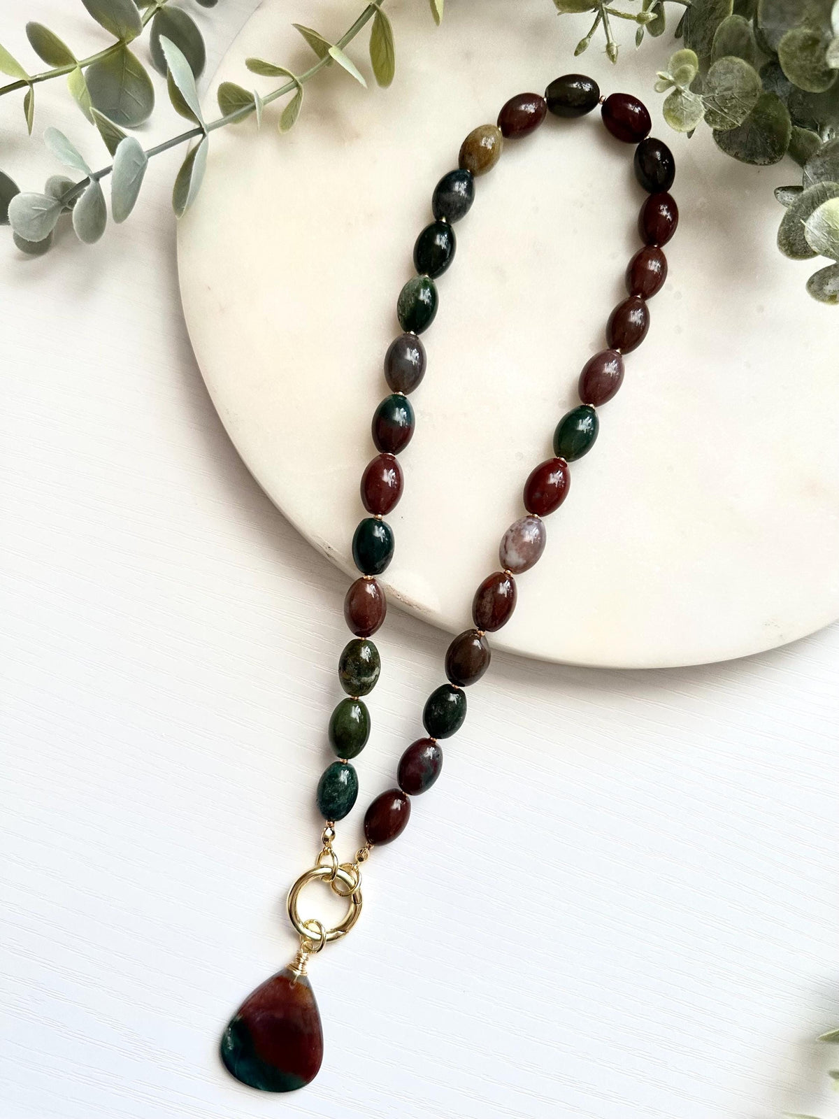 Indian Agate Necklace with Moss Agate Pendant | Gold Filled Carabiner Gemstone Necklace