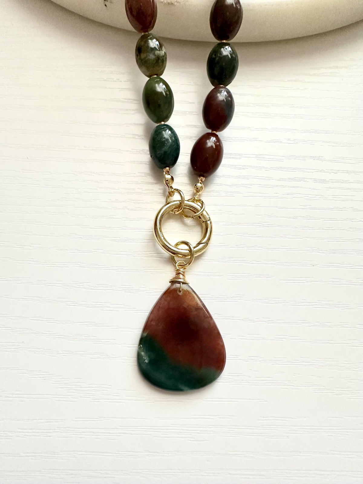 Indian Agate Necklace with Moss Agate Pendant | Gold Filled Carabiner Gemstone Necklace