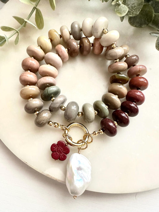 Multicolor Alashan Agate Necklace with Baroque Pearl & Cinnabar Flower | Gold Filled Carabiner Necklace