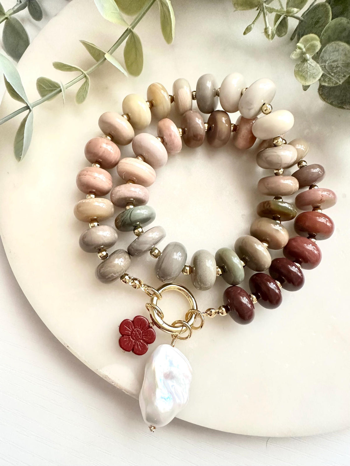 Multicolor Alashan Agate Necklace with Baroque Pearl & Cinnabar Flower | Gold Filled Carabiner Necklace