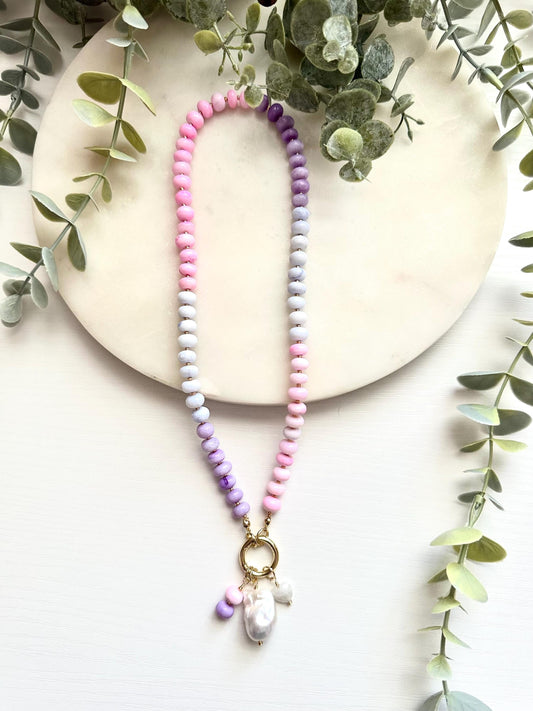 Pink Purple Ombré Opal Necklace with Baroque Pearl | Gold Filled Carabiner Gemstone Necklace