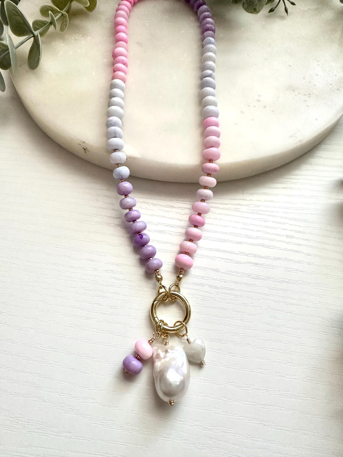 Pink Purple Ombré Opal Necklace with Baroque Pearl | Gold Filled Carabiner Gemstone Necklace