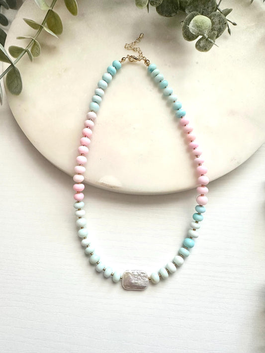 Pastel Ombré Opal Necklace with Freshwater Pearl | Pink & Blue Gemstone Necklace | Gold Filled