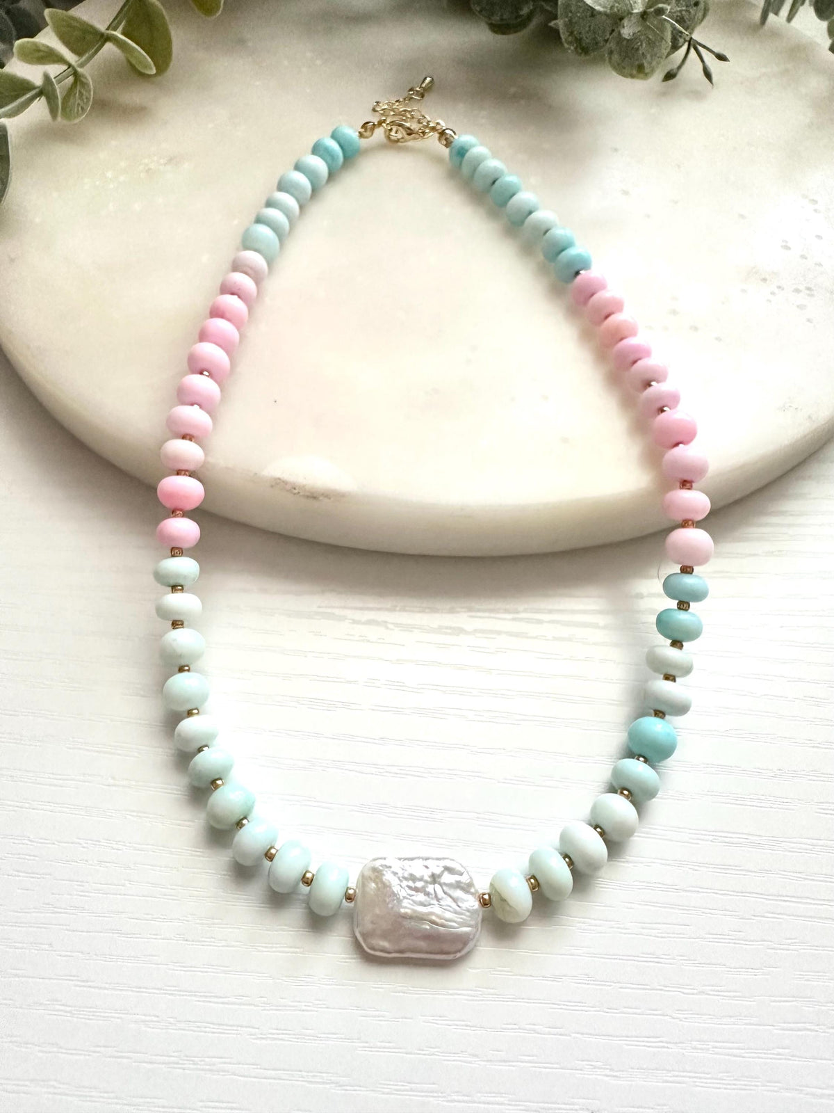 Pastel Ombré Opal Necklace with Freshwater Pearl | Pink & Blue Gemstone Necklace | Gold Filled