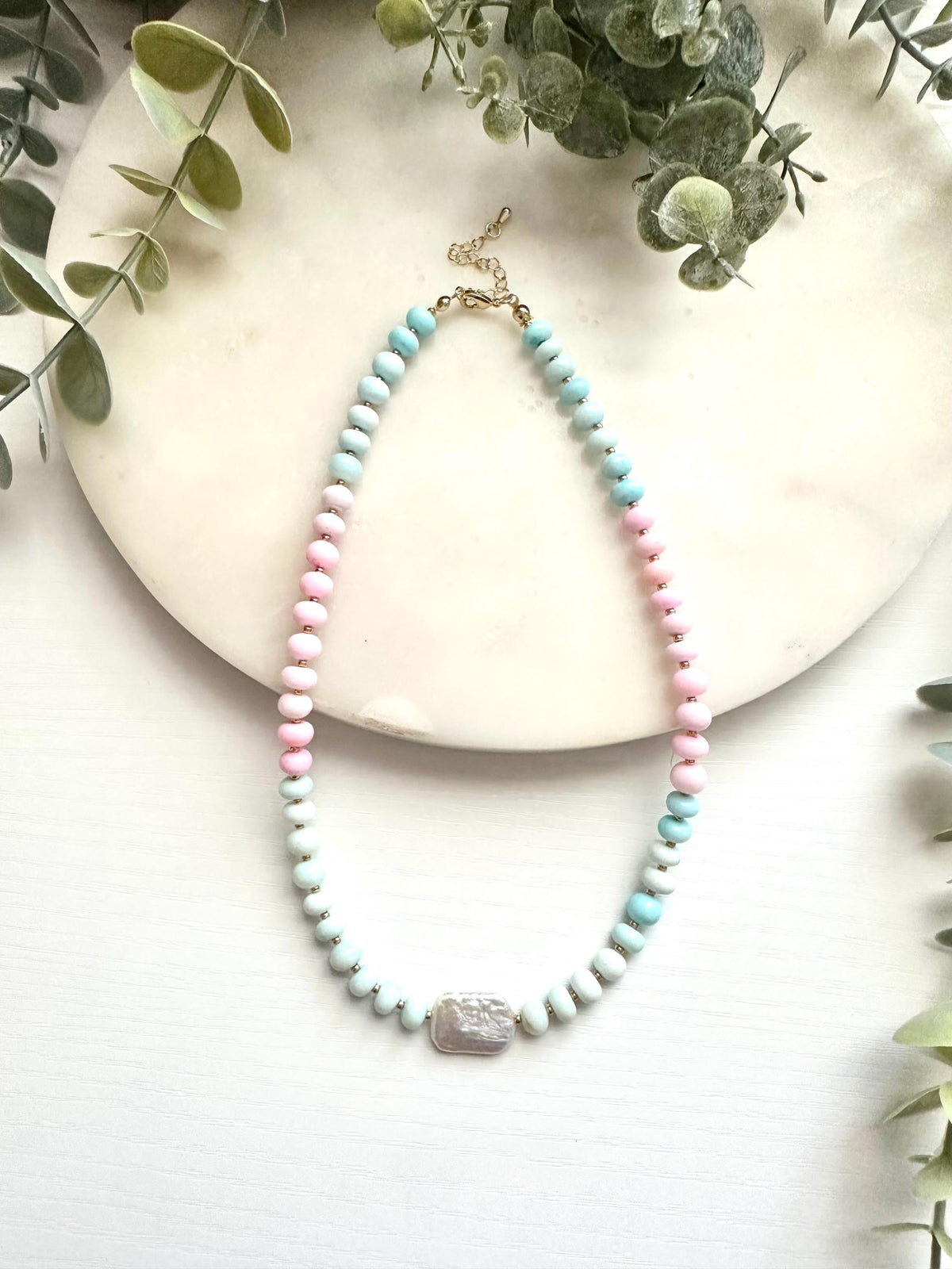 Pastel Ombré Opal Necklace with Freshwater Pearl | Pink & Blue Gemstone Necklace | Gold Filled