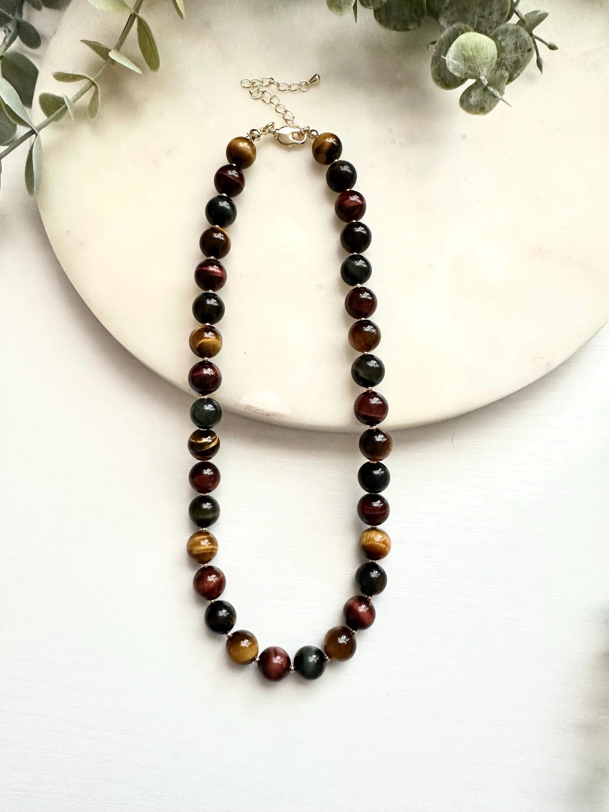 Blue Red Gold Tiger Eye Necklace 10mm, Chunky Neutral Beaded Necklace, Earthy Statement Jewelry, Gold Filled Clasp