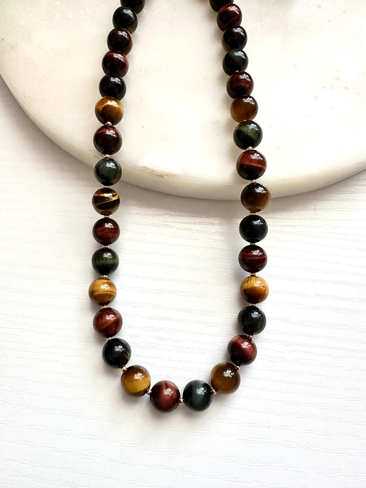 Blue Red Gold Tiger Eye Necklace 10mm, Chunky Neutral Beaded Necklace, Earthy Statement Jewelry, Gold Filled Clasp